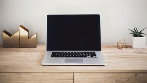 wooden office desk with laptop and a plant