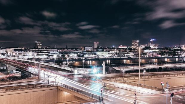 the city of copenhagen at night